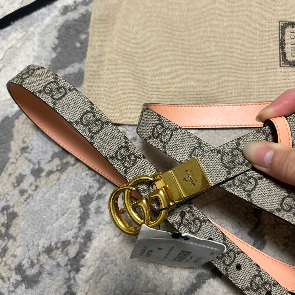 New Gucci Gg Supreme Canvas Peach Leather Marmont Reversible Belt